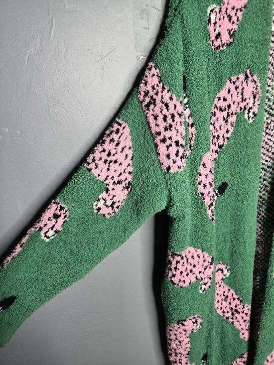 Maximalist Dopamine Green Pink Leopard Oversized Fuzzy Sweater - Picture 3 of 12